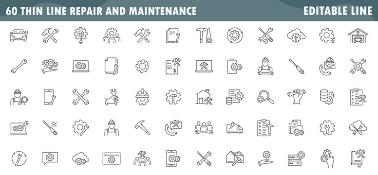 Set of related to repair, maintenance, construction, Linear icon collection, thin line symbol isolated on white background, editable stroke eps 10 vector illustration