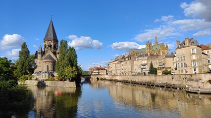 Metz, France, new temple. Temple neuf. Blue sky. Cityscape.