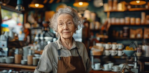 Fototapeta premium Senior Woman Working Behind Counter in a Coffee Shop