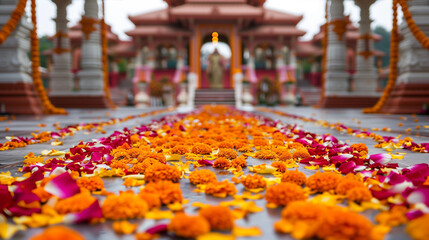 A path made of marigold petals leading to a beautifully decorated altar for Dia de los Muertos