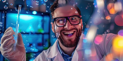 happy scientist making discovery, laboratory background