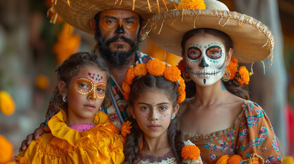 A family portrait with everyone dressed in traditional Día de los Muertos attire and makeup
