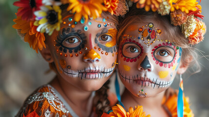 A family portrait with everyone dressed in traditional Día de los Muertos attire and makeup