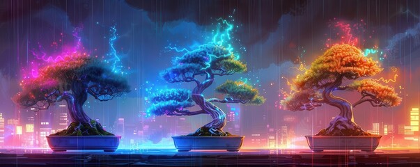 Japanese bonsai trees in a Zen garden, digital painting, neon colors, futuristic style, glowing accents, high contrast, dynamic and modern composition