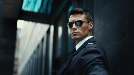 Bodyguard agent man in sunglasses formal suit stands outside of building Caucasian male short hair