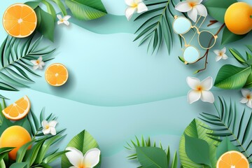 Lush green foliage and tropical fruits on a light green background exuding freshness and vitality