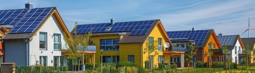 Fototapeta premium A row of houses with solar panels on the roofs. The houses are all different sizes and styles, but they all have the same feature of solar panels. The scene gives off a sense of sustainability
