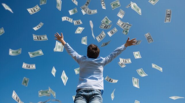 Man open arms to get many money notes floating in air happy to receive fortune wealth blue sky background