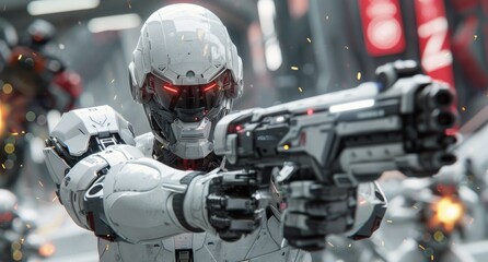 Fototapeta premium Futuristic Cyborg Soldier Aiming Gun in Urban Setting