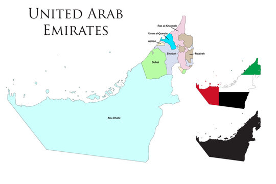  United Arab Emirates  administrative divisions.  United Arab Emirates flag and map illustration vector.