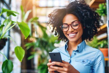 Fototapeta premium Happy afro-American businesswoman working with a smartphone surrounded by green plants and leaves
