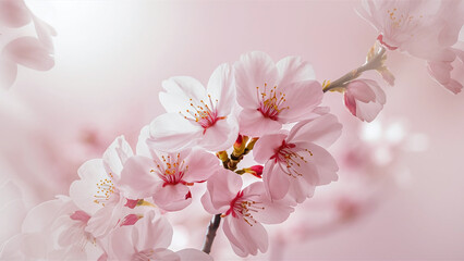 Naklejka premium Elegant cherry blossoms with soft light background, ideal for product presentations, conveying a sense of beauty and serenity. 