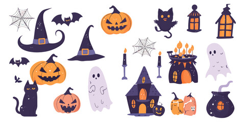 Vector flat color cute Halloween elements isolated on white background
