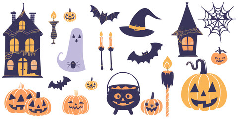 Vector flat color cute Halloween elements isolated on white background