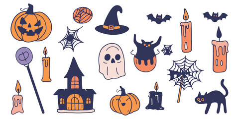 Vector flat color cute Halloween elements isolated on white background