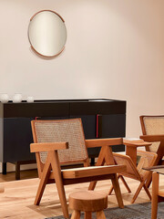 Cozy corner decorated. Living room decorated. Home decoration. Apartment decor. Comfortable and Cozy space. Holiday vibes. Morning. Minimalist. Furniture design. Wooden furniture. Oak, Walnut wooden.