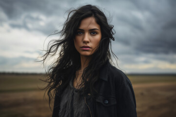 Fototapeta premium portrait of a girl on the background of a cloudy plain