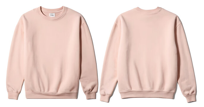 A blank light pink crewneck sweatshirt, front and back views, perfect for showcasing designs or promoting casual wear brands.