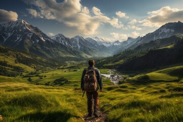 A man travels through a valley against the background of mountains , a beautiful landscape