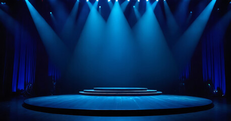 A round stage bathed in blue spotlights with a raised platform and blue curtains, ideal for concerts, theater productions, or award ceremonies.