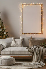 A mockup frame hanging on the wall in the living room, surrounded by a decorated Christmas Scandinavian interior. Vertical photo