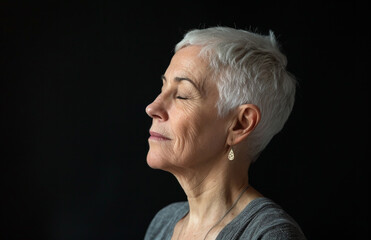 A senior woman with cropped white hair, dressed in a gray blouse and gold earrings.