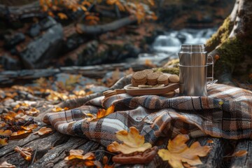 Obraz premium Autumn Picnic by a Stream With Snacks and a Thermos