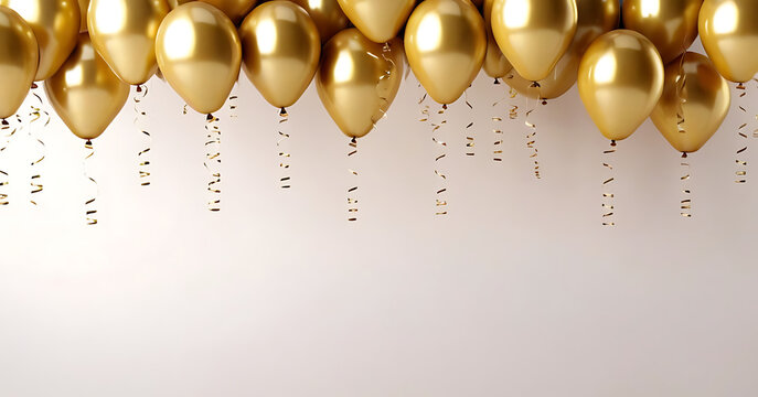 A cluster of golden balloons floats against a white background, with shimmering gold ribbons cascading down. Perfect for party invitations, celebratory announcements, luxury product launches, or New Y