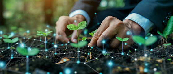 A businessman planting seeds in a field of digital icons, with sprouts emerging