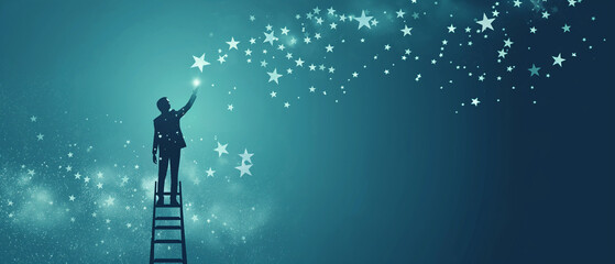A businessman standing on a ladder reaching for the stars of innovation