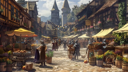 A bustling medieval marketplace with vendors selling colorful goods, musicians playing lively tunes, and townsfolk engaging in trade and conversation