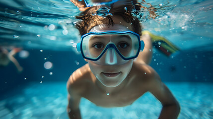 Naklejka premium Niño buceando en una piscina