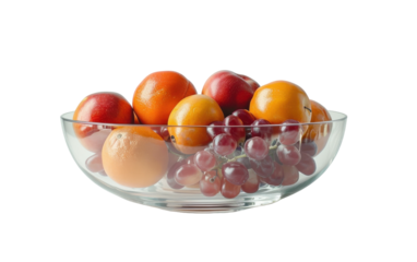 A clear glass bowl filled with fresh oranges, red grapes, and apples