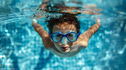 Naklejka premium Niño buceando en una piscina