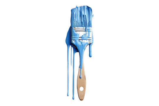 Paint brush with dripping blue paint isolated on transparent background