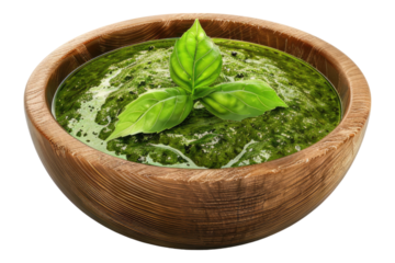 Pesto sauce in wooden bowl isolated on transparent background