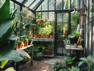 A tranquil greenhouse with various plants, pots, and gardening tools