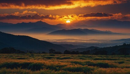 Spectacular sunset paints the mountain backdrop