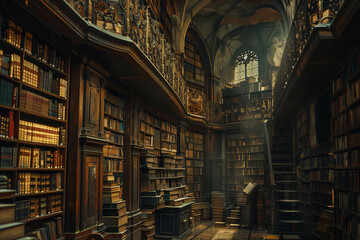 An ancient library with towering bookshelves filled with old, dusty books, where a young adventurer discovers a hidden treasure map