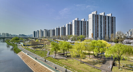 Mok-dong, Yangcheon-gu, Seoul, South Korea - April 2, 2023: Aerial and spring view of bicycle road and trees with green leaf on the park of Anyangcheon Stream against apartments
