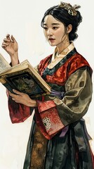 Fototapeta premium Korean woman holding an open book pointing to a pa 131 woman, beauty, kimono, fashion, traditional, japanese, people, culture, person, geisha, doll, clothing, dress, model, smile, costume, asia, red,