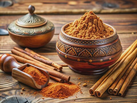 Natural sandalwood powder scattered on a wooden surface, surrounded by sandalwood sticks and decorative Indian pottery, evoking a sense of serenity and traditional charm.
