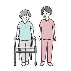 歩行練習をするおばあさんと解除する看護師