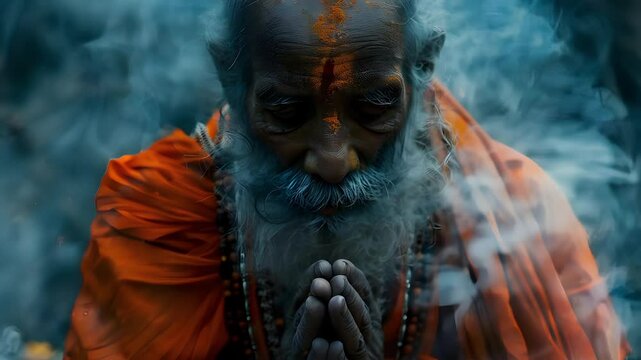 Video recreation of a hinduist sadhu ascetic in meditation	
