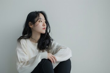 Fototapeta premium Korean woman sitting on the floor legs stretched o 064 woman, beauty, fashion, model, hair, person, studio, people, face, one, business, brunette, smile, smiling, lady, glamour, black, shirt, casual,