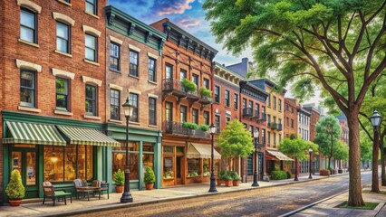 Obraz premium Historic urban streetscape of charming Fabric Row, lined with vintage shops and eateries, featuring iconic brick buildings, ornate facades, and picturesque tree-lined sidewalks.