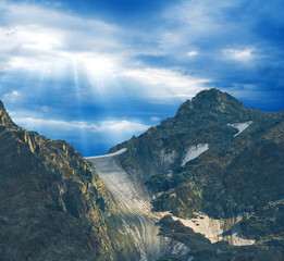 Obraz premium mountain ridge under a blue cloudy sky, mountain travel landscape