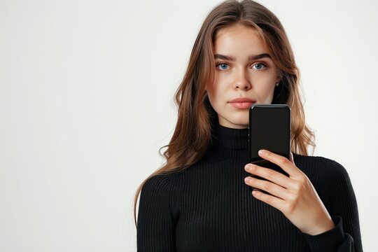 Russian woman holding a smartphone and looking at   006 woman, phone, mobile, telephone, business, businesswoman, communication, cell, cellphone, texting, people, smile, beauty, person, message, text,