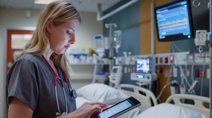 A healthcare worker using a digital tablet to update patient records in a hospital setting