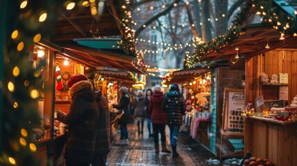 Obraz premium A holiday market with festive lights, decorated stalls, and people enjoying hot drinks and shopping for gifts